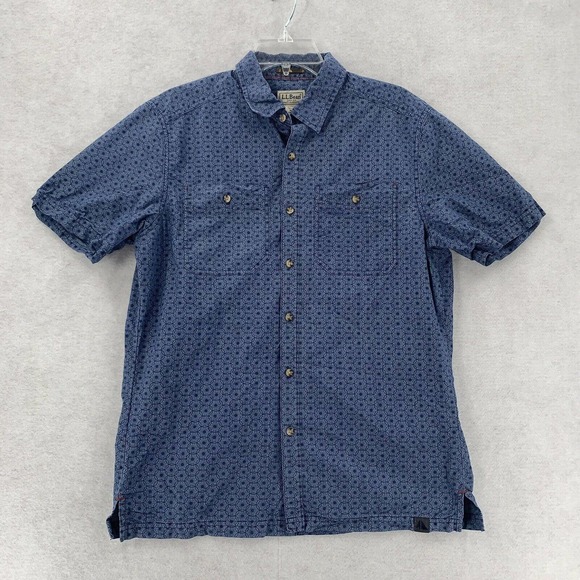 LL Bean Button Down Shirt Short Sleeve Blue Floral Mens Size‎ Medium - Picture 1 of 6